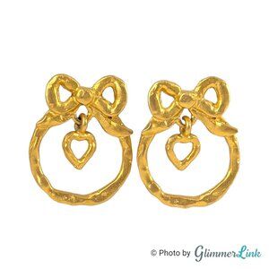 Vintage Gold Tone Bow and Heart Drop Earrings Matte Hammered Finish